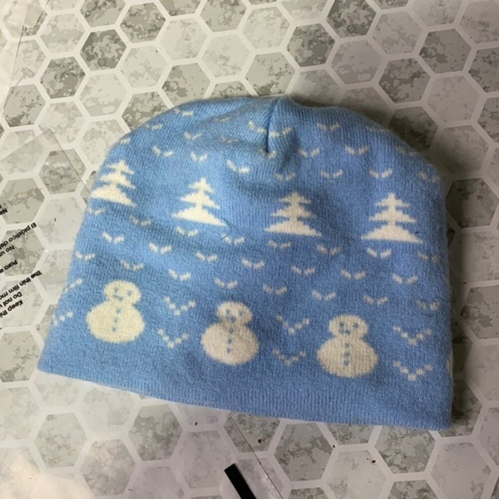 Kids Blue Winter Tree Snowman Beanie Hat